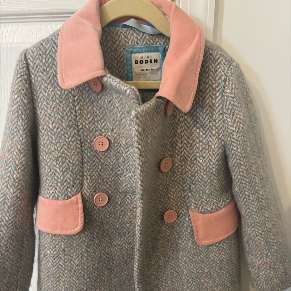 Mini Boden Pink and Gray Herringbone Coat
